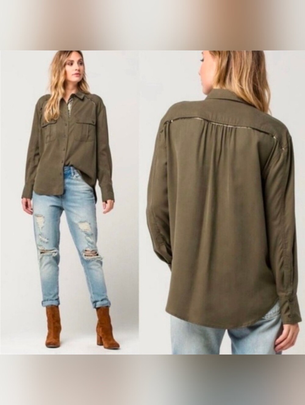 Free People Off Campus Button-Down Shirt Olive Green Metallic Trim - Picture 3 of 11